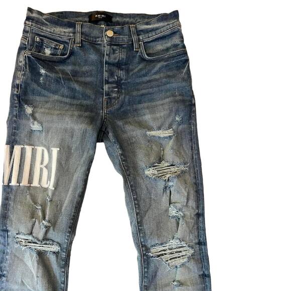 Amiri Embroidered Logo Distressed Skinny Denim Jeans Size 32 - Picture 3 of 11